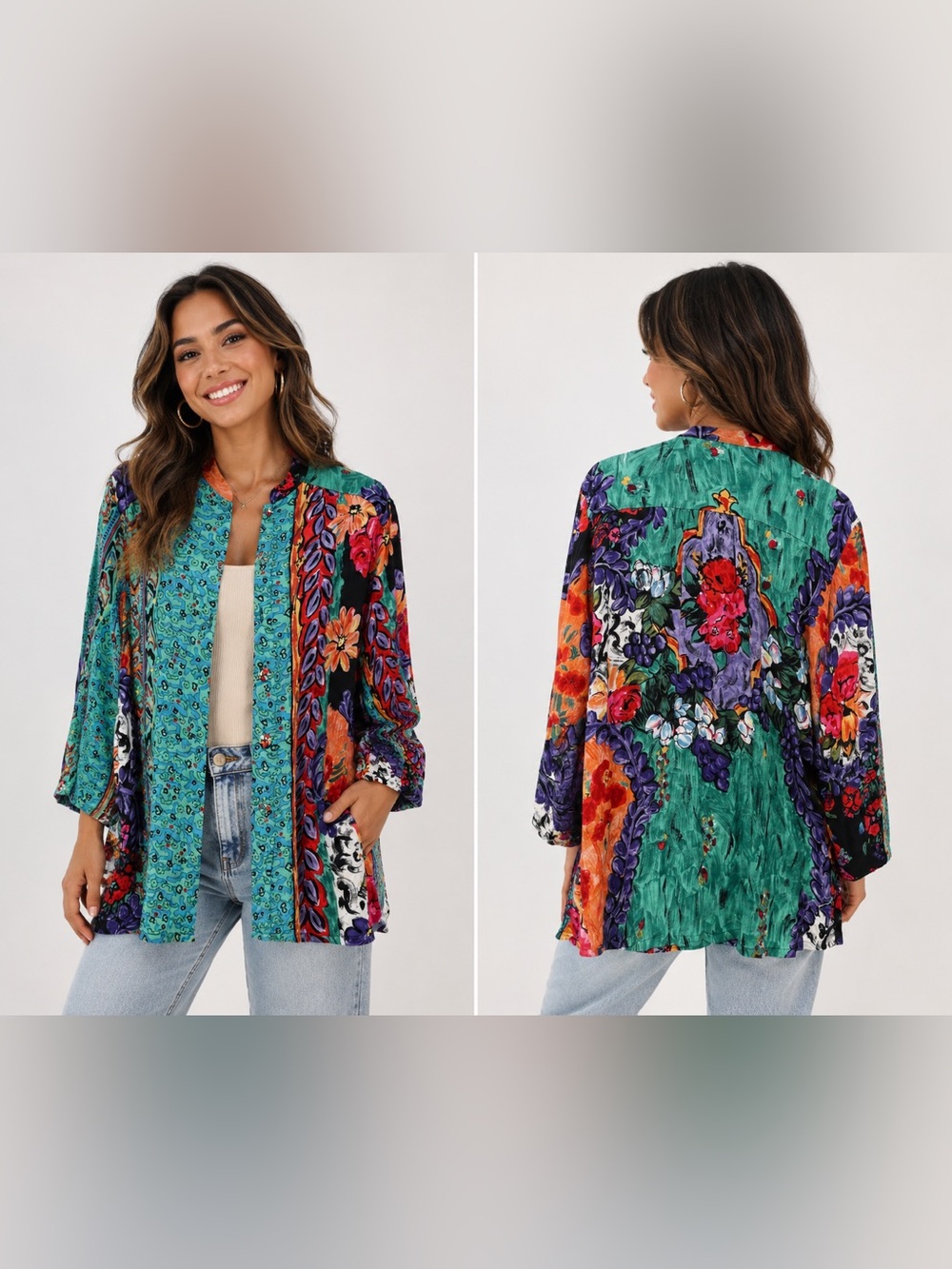 Carol Little Vintage Multicolored Floral Painted Buttons Kimono Jacket Sz. 8‎